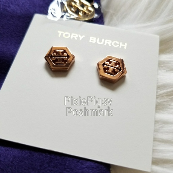 Tory Burch Rose Gold Hex Logo Stud Earrings - Picture 2 of 3